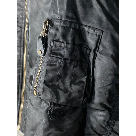 Men CLENCH JEANS Bomber Jacket L Black Orange Nylon Front Zipper  Pocket Ribbed - Picture 7 of 13